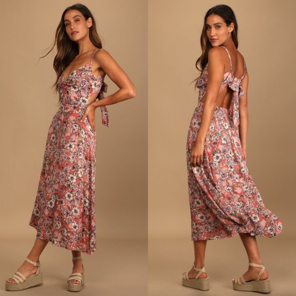 Lulus Dresses & Skirts - Lulus rose pink floral Ties With You open tie back v-neck twist flowy midi dress